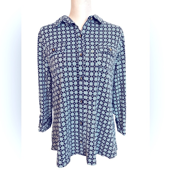 Charter Club Button Down  Print Top Blouse Size‎ Large 3/4 sleeves rolled cuff - Picture 1 of 5